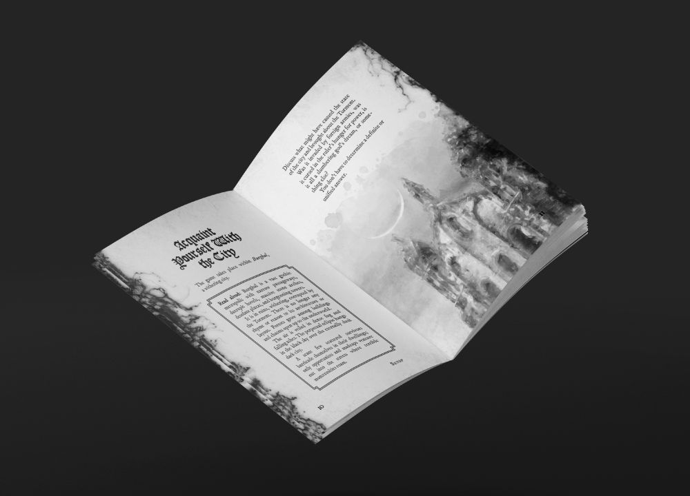 Photo of an open booklet spread from Knight Forlorn, featuring a gothic-style layout. On the left, the text is framed with dark, ink-like patterns and titled "Acquaint Yourself with the City". On the right, there’s a grayscale illustration of a desolate cathedral under a crescent moon.