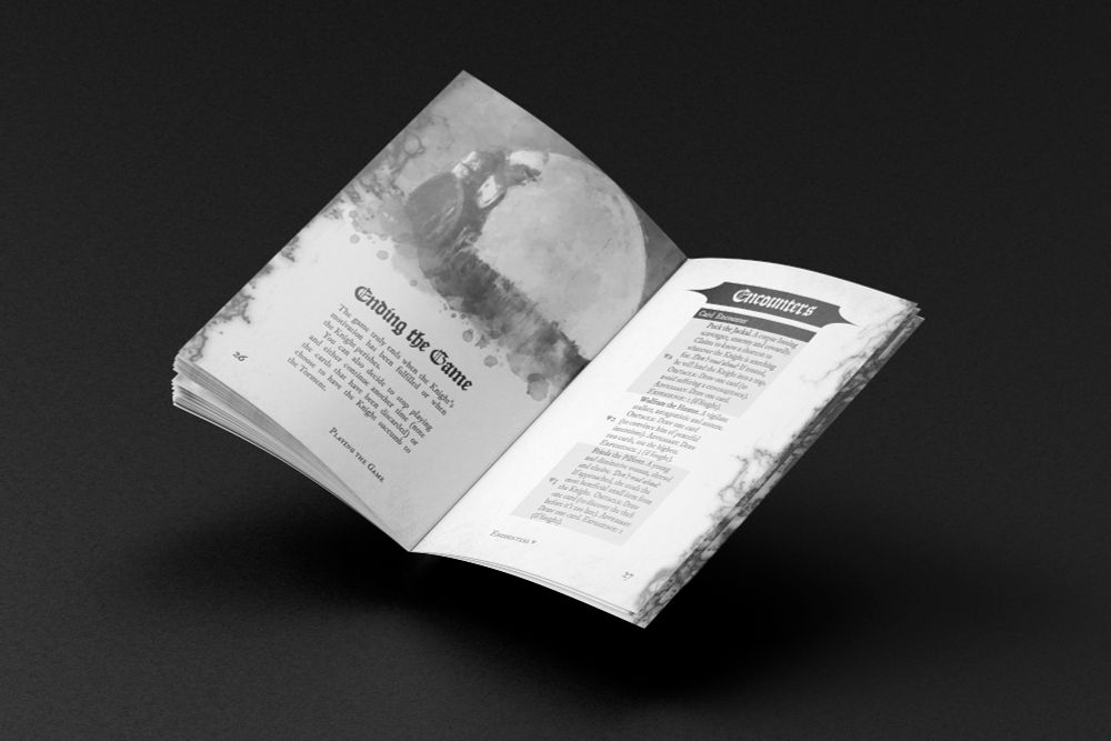Photo of an open booklet spread from Knight Forlorn, featuring a gothic-style layout. On the left, there’s a grayscale illustration of a knight kneeling in defeat with a massive moon behind them, plus text  framed with dark, ink-like patterns and titled "Ending the Game". On the right, there’s a card based random table with the heading “Encounters”.