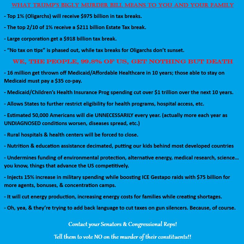 List of provisions of the Big Beautiful Budget Reconciliation Bill
- Top 1% (Oligarchs) will receive $975 billion in tax breaks. 
- The top 2/10 of 1% receive a $211 billion Estate Tax break. 
- Large corporation get a $918 billion tax break. 
- “No tax on tips” is phased out, while tax breaks for Oligarchs don’t sunset.
WE, THE PEOPLE, 99.8% of us, get NOTHING but death
- 16 million get thrown off Medicaid/Affordable Healthcare in 10 years; those able to stay on Medicaid must pay a $35 co-pay. 
- Medicaid/Children’s Health Insurance Prog spending cut over $1 trillion over the next 10 years.
- Allows States to further restrict eligibility for health programs, hospital access, etc.
- Estimated 50,000 Americans will die UNNECESSARILY every year. (actually more each year as UNDIAGNOSED conditions worsen, diseases spread, etc.)
- Rural hospitals & health centers will be forced to close. 
- Nutrition & education assistance decimated, putting our kids behind most developed countries
- Undermines funding of environmental protection, alternative energy, medical research, science… you know, things that advance the US competitively.
- Injects 15% increase in military spending while boosting ICE Gestapo raids with $75 billion for more agents, bonuses, & concentration camps.
- It will cut energy production, increasing energy costs for families while creating shortages.
- Oh, yea, & they’re trying to add back language to cut taxes on gun silencers. Because, of course.
