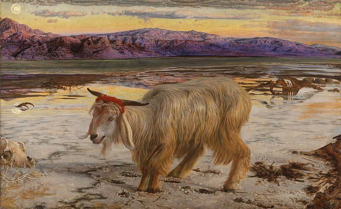 William Holman Hunt’s painting The Scapegoat, which features a crazed-looking goat in a garish, apocalyptic landscape, with purple mountains and a yellowed sky. 