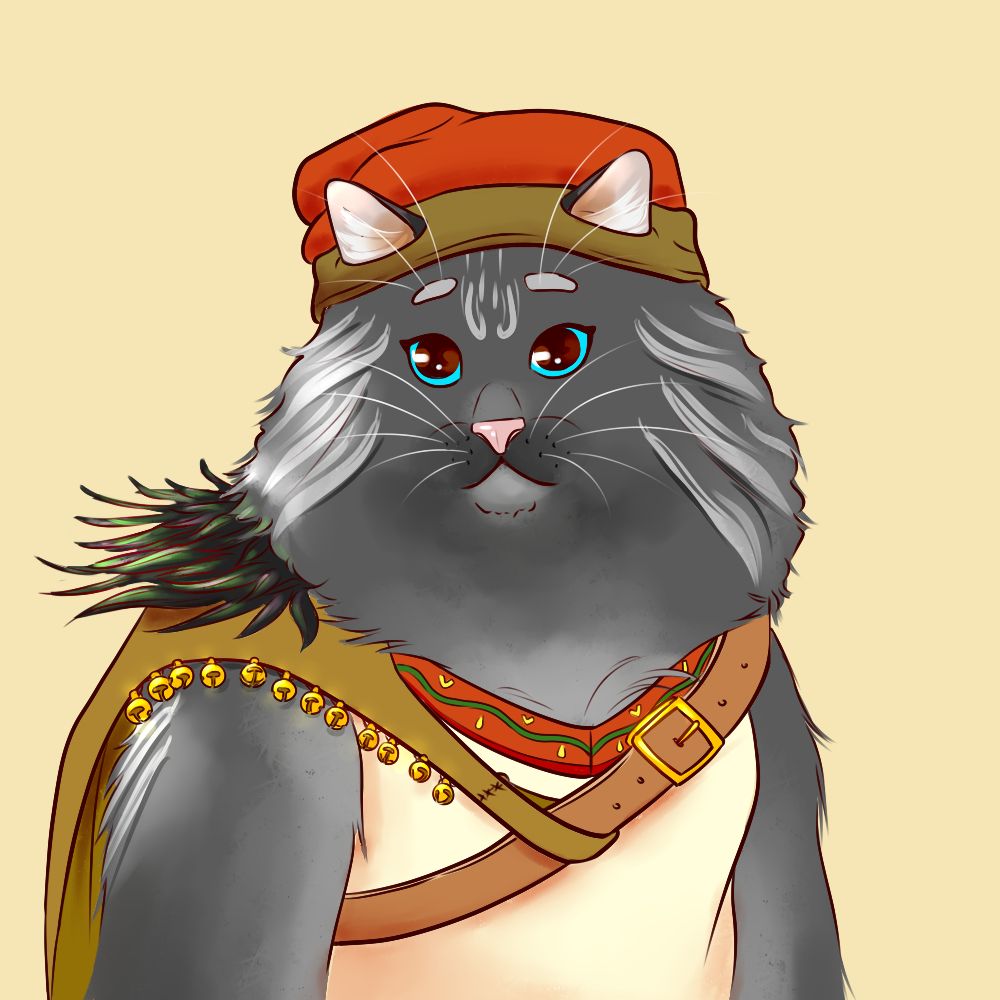 an illustration of a fluffy anthro cat in a floppy hat and a cape with bells.