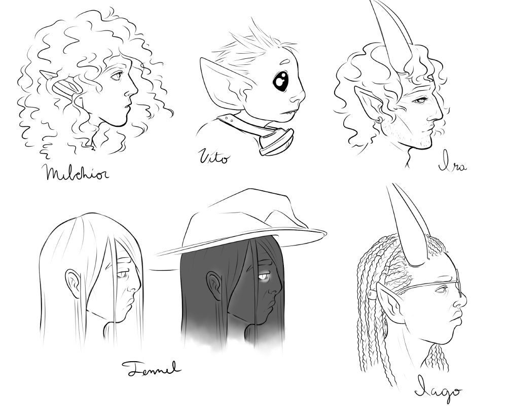 a set of 5 illustrated busts in profile: melchior, a curly-haired elf; vito, a creature with large black eyes, giant ears, and goggles; ira, a demon with wavy hair and strong features; fennel, a human with a weak chin and lank hair, followed by a second image of her in a witch's hat with glowing eyes; and iago, a demon with glasses and tight braids.
