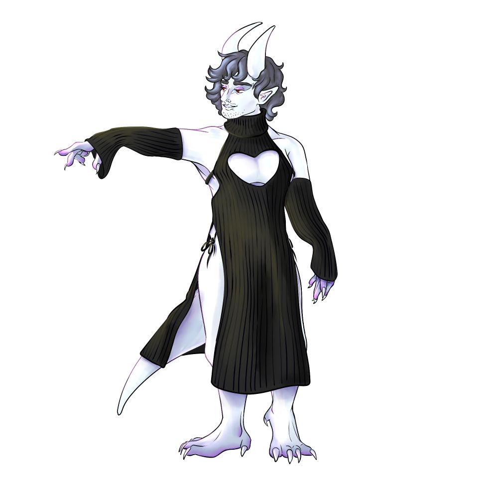 A blue demon in a skimpy turtleneck dress with detached sleeves and a heart cut out across the chest