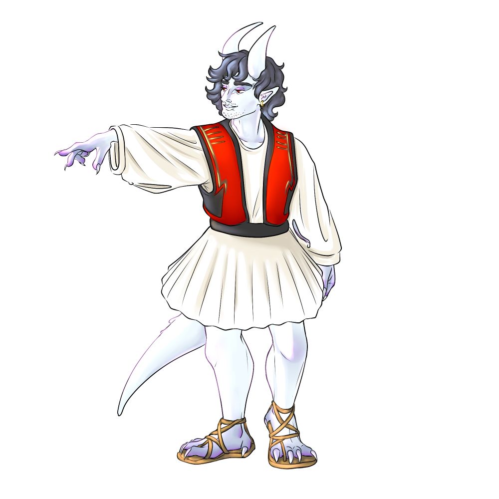 a blue-skinned demon with dark hair, curved horns, a tail, and clawed hands and feet. he is standing with an arm extended in a fluffy tunic and vest.