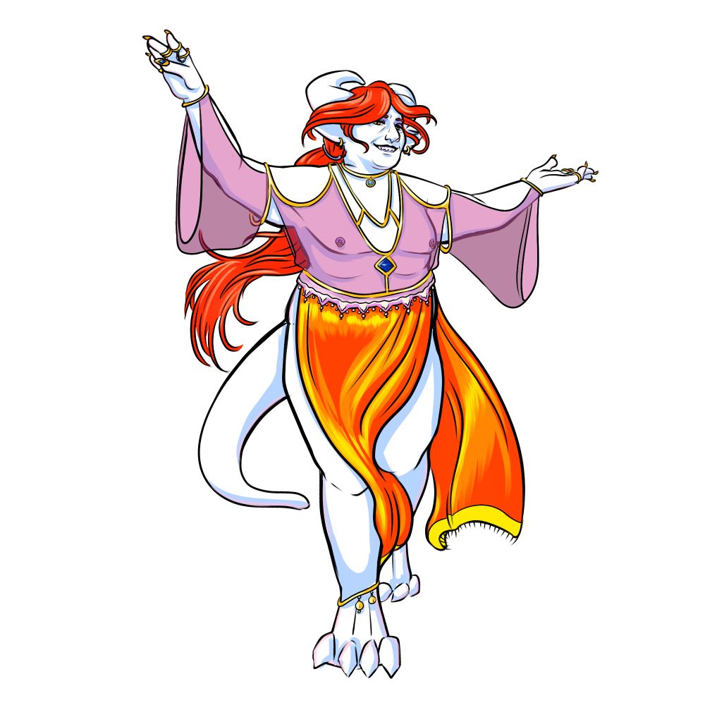 a drawing of a fat, white-skinned tiefling with flowing red hair, sashaying with his arms extended. he is covered in gold jewelry and see-through draping fabrics, with a bright red silky loincloth covering his lower half. he has a rude smile on his face.