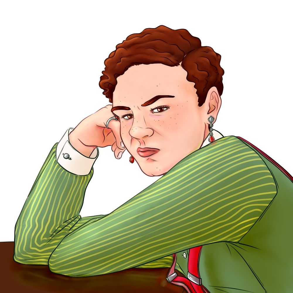 an illustration of a man in 1920s-style clothes leaning on his hand and glaring at the viewer.