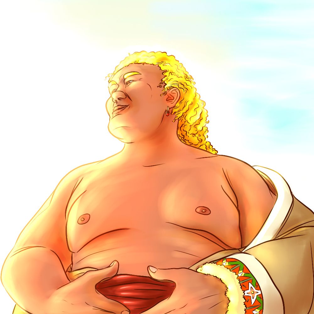 a waist-up drawing of a heavyset east asian man staring into a bright sunset. he has unnaturally golden hair and tan skin, and he wears an open parka. his hands are resting casually on his stomach
