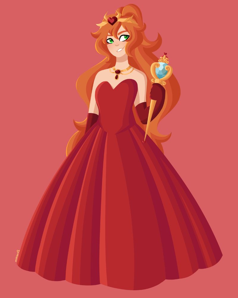 A girl with long red hair in a ponytail and a heart crown wearing a red ballgown and holding a scepter