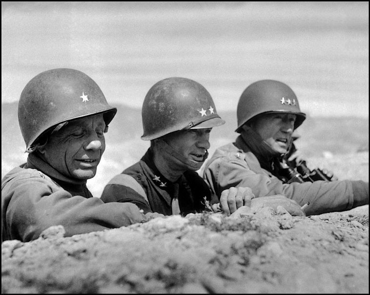 From left to right, Brigadier Theodore Roosevelt Jr., Major General Terry Allen and Lieutenant General George S. Patton, March 1943.