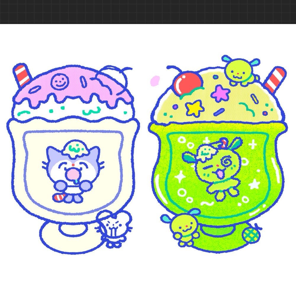 WIP of my OCs!! Leche on the left is in a milkshake and melon dog on the right!! 