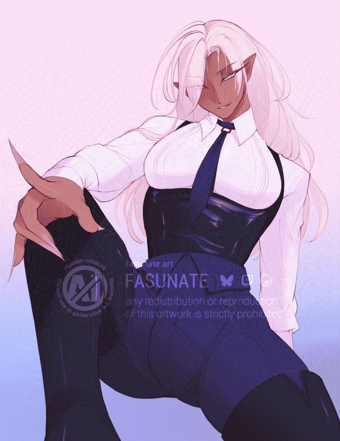 Illustration of fasunate's original character, who has a built masculine body and androgynous features. They sit on the floor invitingly, legs slightly spread, with one knee up and the parallel arm resting on top of it. While one eye is obscured by their ivory hair, their expression is quite smug.