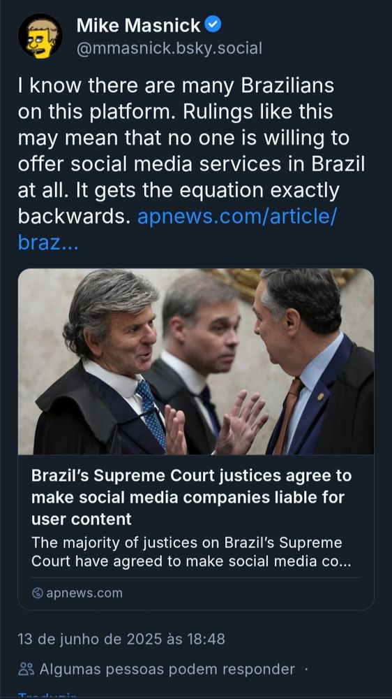 imagem: gringo gringando dizendo que nenhuma empresa vai querer oferecer redes sociais no Brasil se o STF decidir que elas têm responsabilidade pelo conteúdo dos usuários.