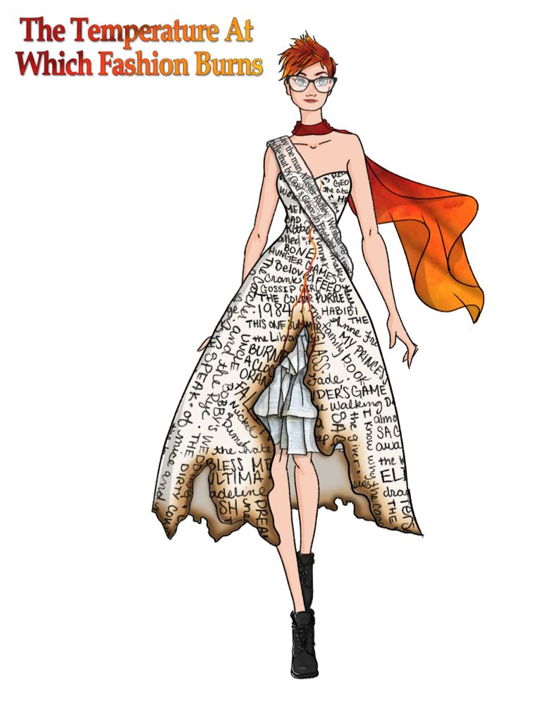 Sketch of a design for a dress - '50s silhouette, strapless. White with titles of banned books written all over it. A burned hem. Red ombre scarf around the neck.