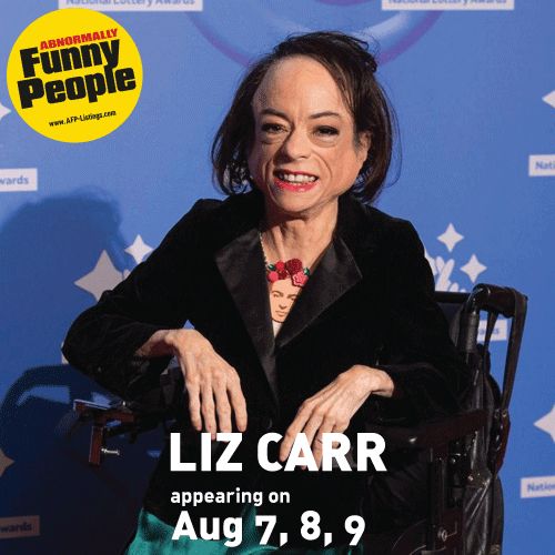 Square promotional image for Abnormally Funny People featuring Liz Carr. Liz is smiling at the camera, wearing a black velvet jacket and red lipstick, seated in her wheelchair in front of a blue backdrop with white star symbols. In the top-left corner is the Abnormally Funny People yellow circular logo. At the bottom of the image, bold white text reads: “LIZ CARR appearing on Aug 7, 8, 9.”