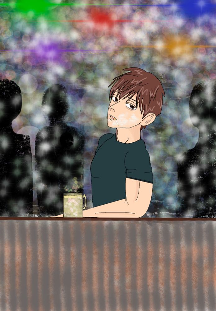 Sad man sits at a bar gazing longingly 