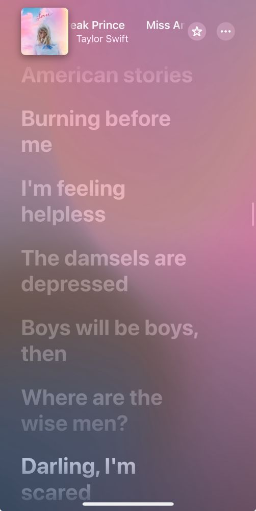 Screenshot of Miss Americana and The Heartbeak Prince by Taylor Swift. 

Displayed lyrics:

American stories
Burning before me
I'm feeling helpless
The damsels are depressed
Boys will be boys, then
Where are the wise men?
Darling, I'm scared.