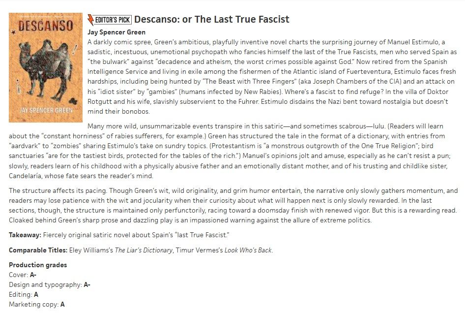 The text of the review of the author's book, Descanso, from BookLife. The review is largely positive, with "A" ratings across the board.