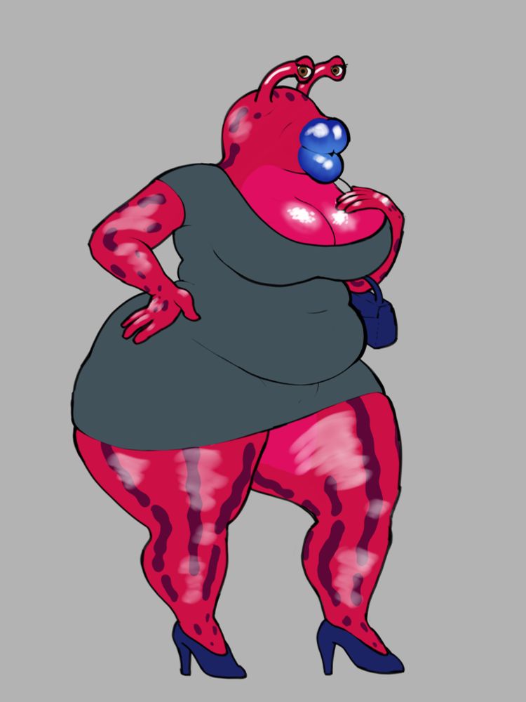 Chunky red slug woman wearing blue lipstick and a gray dress posing and looking at the viewer