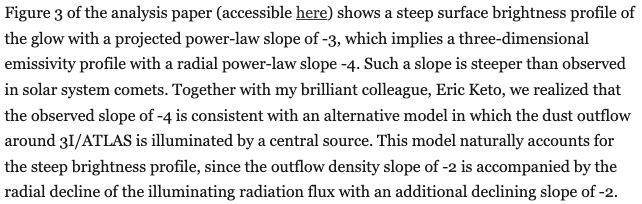 Figure 3 of the analysis paper (accessible here) shows a steep surface brightness profile of the glow with a projected power-law slope of -3, which implies a three-dimensional emissivity profile with a radial power-law slope -4. Such a slope is steeper than observed in solar system comets. Together with my brilliant colleague, Eric Keto, we realized that the observed slope of -4 is consistent with an alternative model in which the dust outflow around 3I/ATLAS is illuminated by a central source. This model naturally accounts for the steep brightness profile, since the outflow density slope of -2 is accompanied by the radial decline of the illuminating radiation flux with an additional declining slope of -2.


