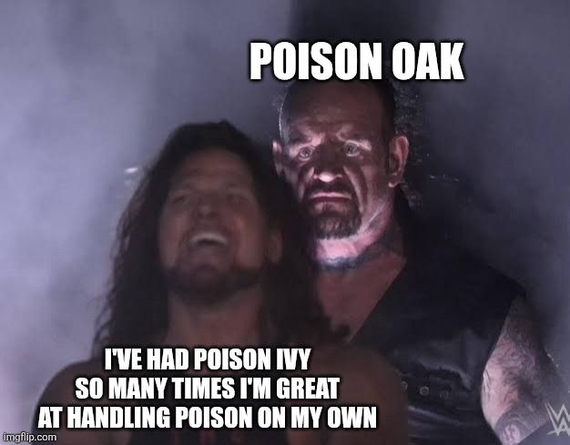 The undertaker meme with text that says I've had poison ivy so many times I'm great at handling poison on my own while the text over the undertaker looming in the background says Poison Oak