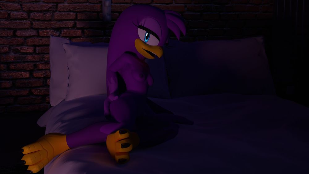 Wave the Swallow laying in bed, dark room.