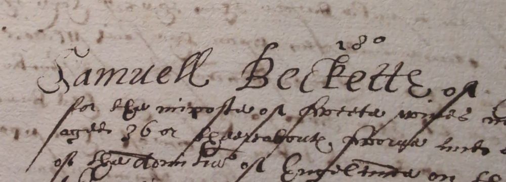 Manuscript with the name "Samuel Beckette" written in a large hand. 