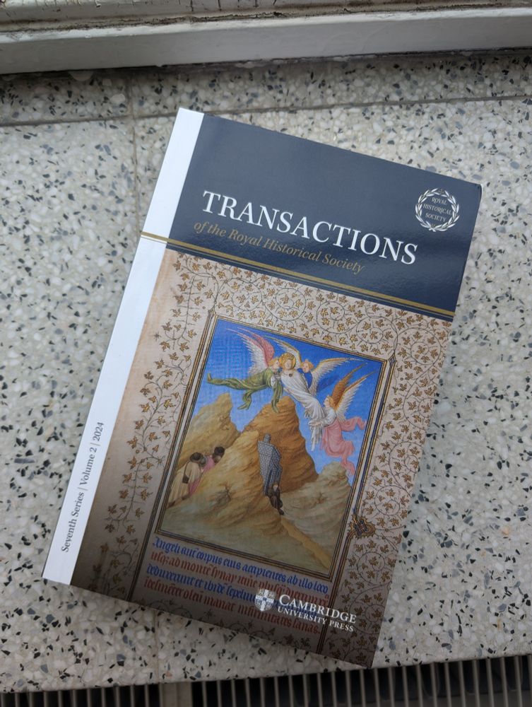 Cover of the current issue of Transactions of the Royal Historical Society, sitting on a speckled windowsill. 