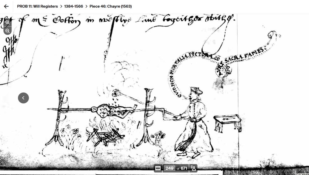 A figure in sixteenth-century dress is roasting a smaller human figure on a spit above a fire. 