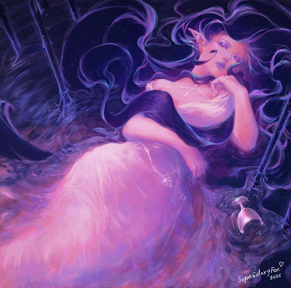 Semi realistic digital art of a woman in a fine white dress sleeping surrounded by water,she has black flowy hair that wraps all around her upper body,a silver chalice is overturned in the water next to dark spears that stand tall on the water's surface