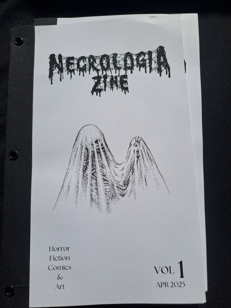 Necrologia Zine cover - black metal font, skeleton under a thin veil