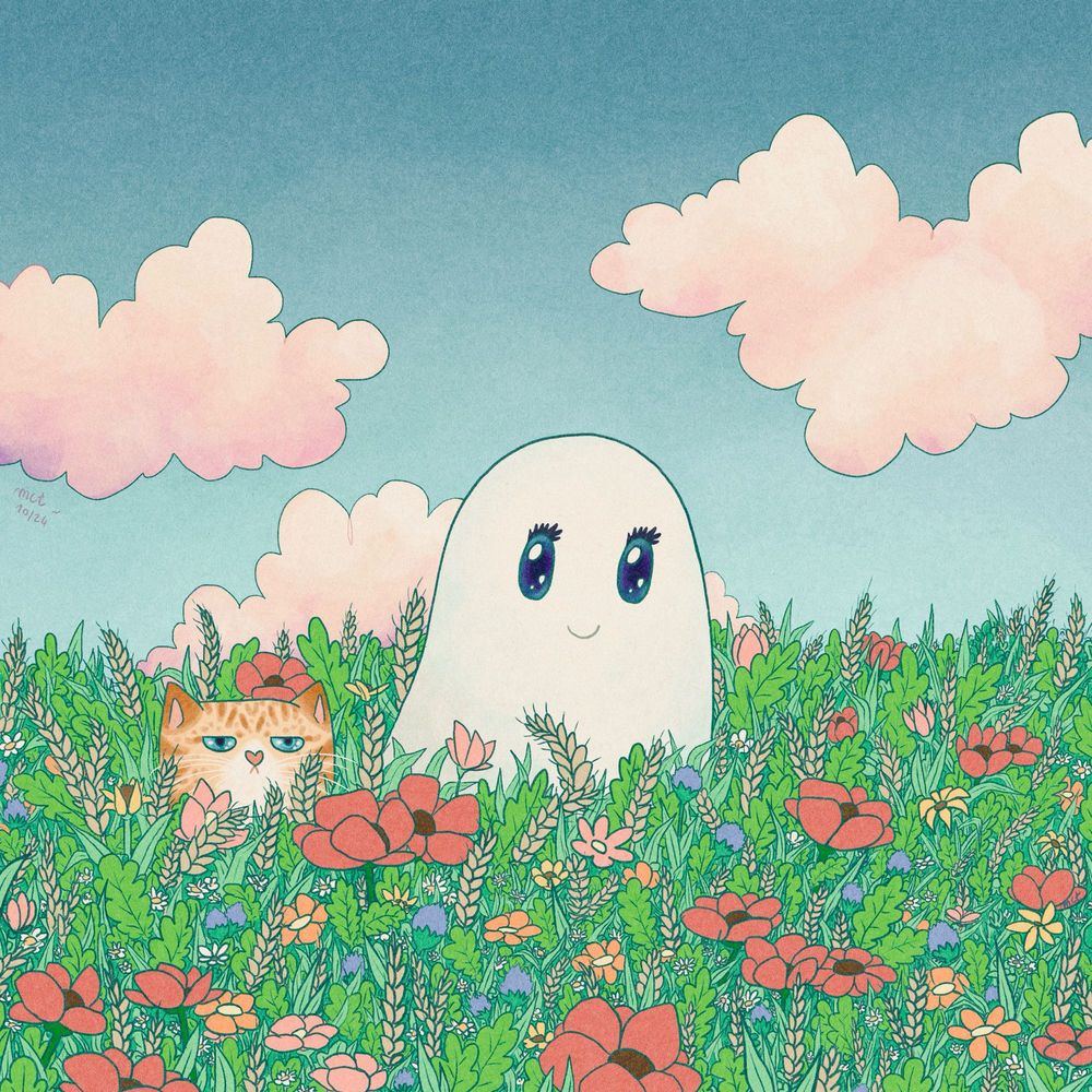 Digital illustration of a happy little ghost and a grumpy red tabby cat wading through a field of grains, grass, poppies and other green foliage and colourful flowers. Background is a cloudy blue sky.