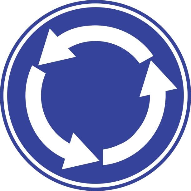 Blue circle sign that has three arrows. Each pointing at one of the other's tail end in a never ending circle.