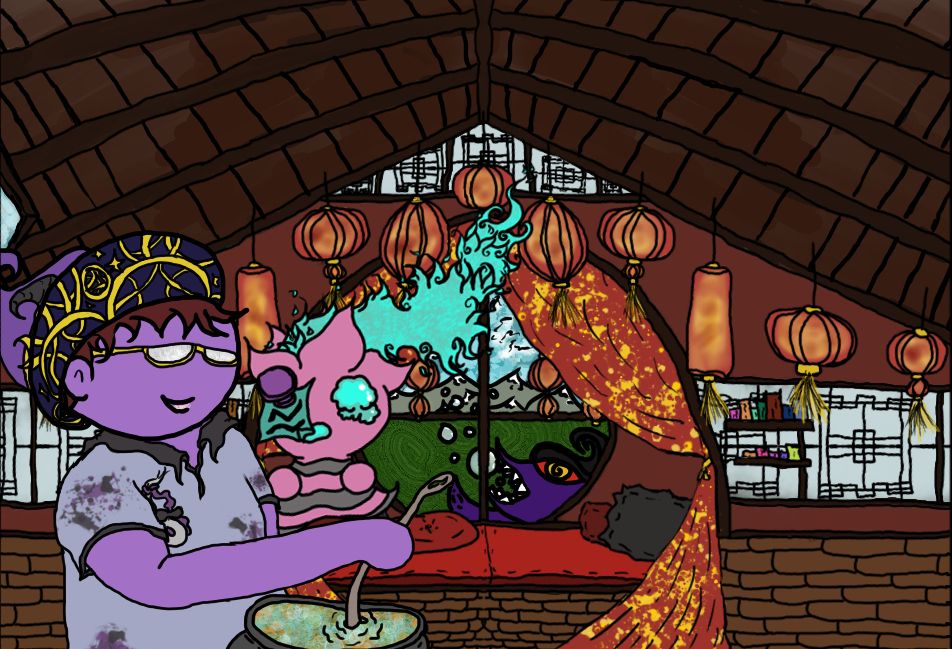 red room with wooden roof, witch's brew in a cauldron, wooden spoon, purple human with a witch's hat, rain doll that is light purple with black stripes, rain doll also has blue flame hair, purple dragon in the window blowing bubbles in front of mountains, Chinese new year lanterns handing from roof, books on shelves various colors, paper door windows, red window bed, red and black pillows on bed, person has gold glasses, light blue shirt with paint splatter on it that is purple and black