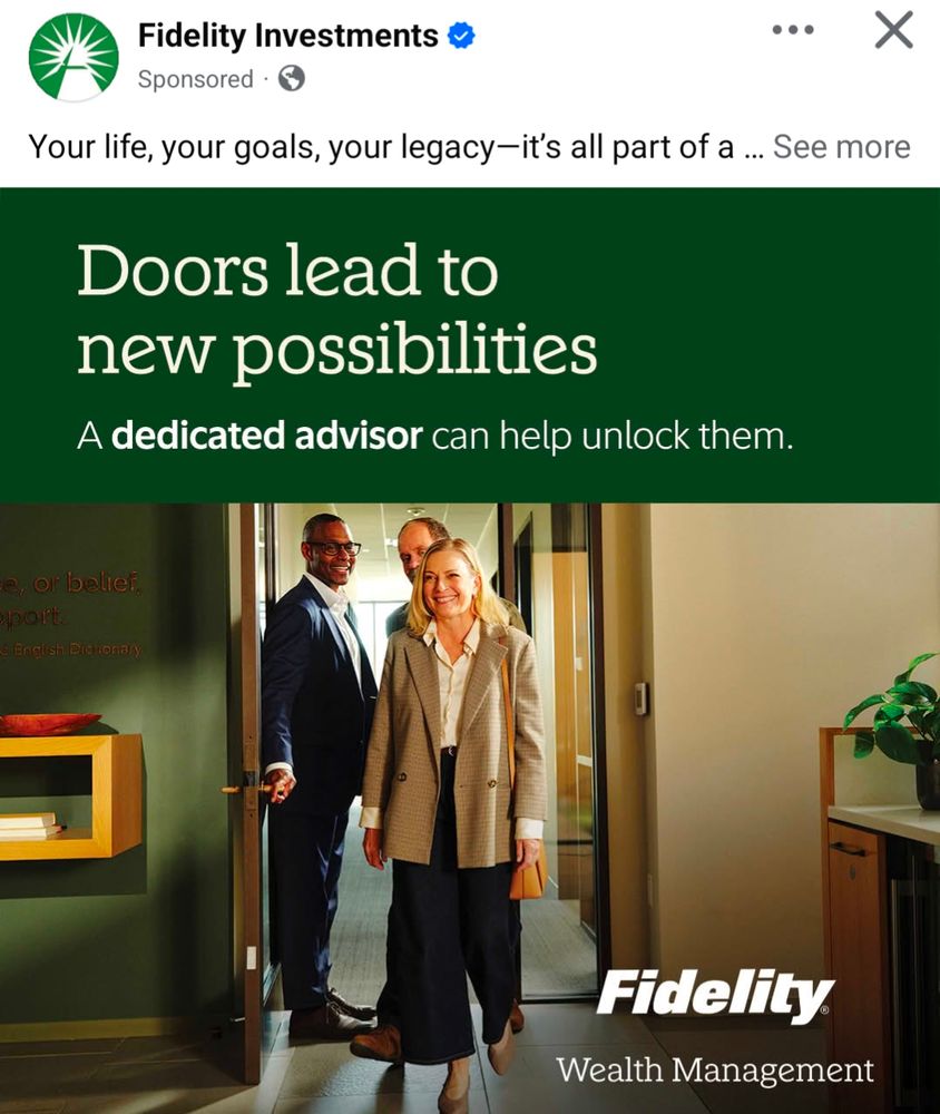 Facebook ad for Fidelity wealth management where two guys in suits are behind a woman in a suit, showing her into an office 
