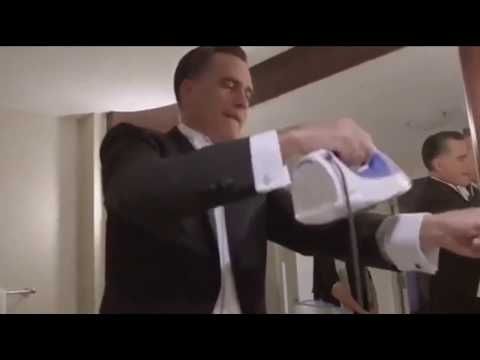 Mitt Romney ironing his shirt while wearing it