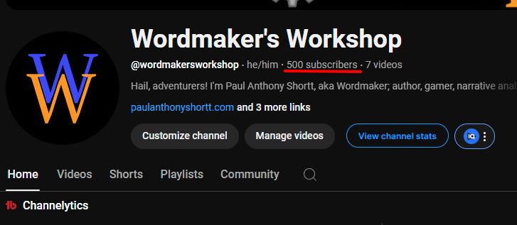 Screenshot of the Wordmaker's Workshop YouTube channel, with "500 subscribers" underlined in red