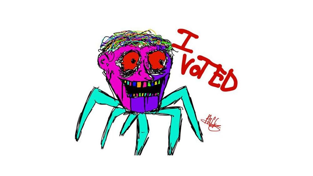 I voted, says a weird purple head with red crazy eyes and way too many multicolored teeth, supported by six freakish turquoise legs.