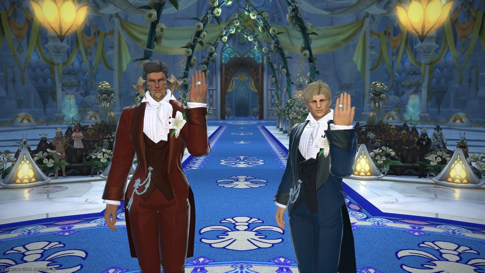 Two male characters in Final Fantasy 14 Online getting married in-game