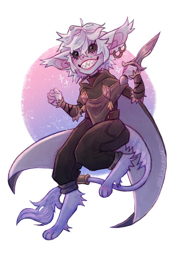 a little chaos character called Wykitt owned by sleepygrim. they are balanced on one leg, grinning a pointed toothed grin, holding a dagger.