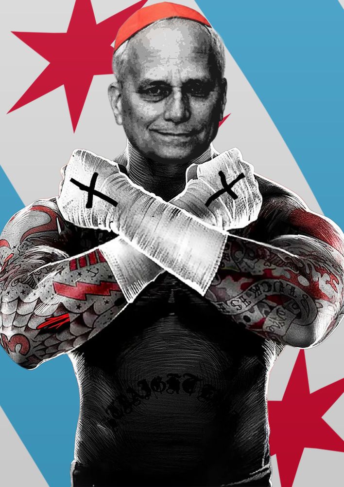 Robert Prevost, Pope Leo XIV, photoshopped onto CM Punk's body in front of a Chicago flag