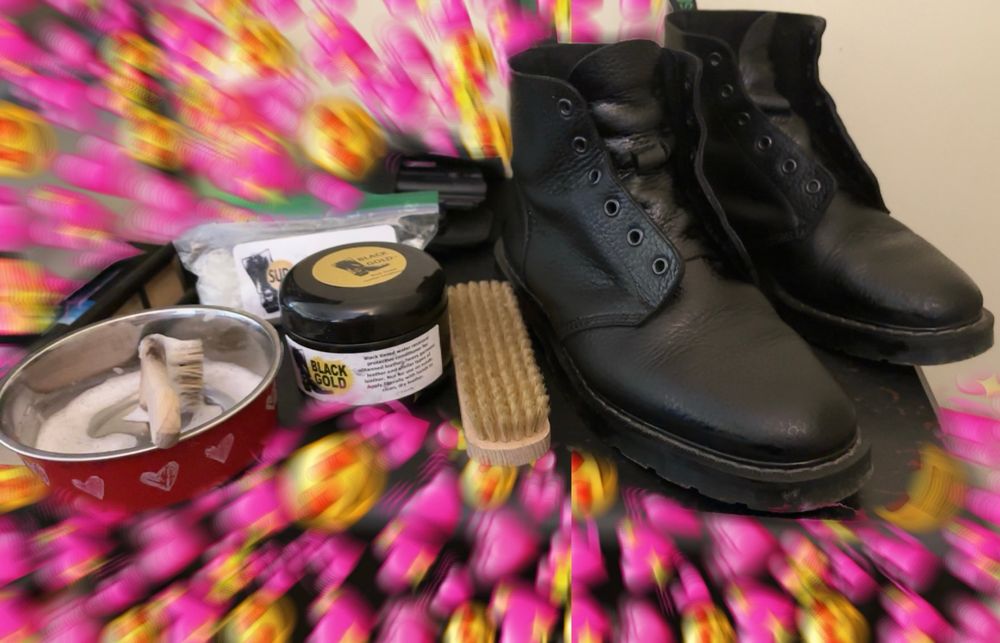 A pair of conditioned boots surrounded by saccarine heart emojis