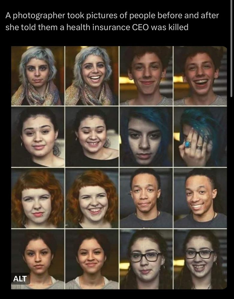 Grid matrix of portraits of people next to pictures of the same people but smiling. Text at top reads: “A photographer took pictures of people before and after she told them a health insurance CEO was killed.”