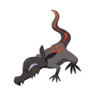 The Pokémon Salandit against a white background. Notably, Salandit is a small, salamander-like Pokémon with black and dark grey skin, reddish-orange markings going from it’s mid-back to the tip of its tail, with squinted crescent moon shaped, purple eyes. Little jagged fangs poke down around its mouth here and there. It has two small ears at the back of its heat that are long and narrow pointed ones. 