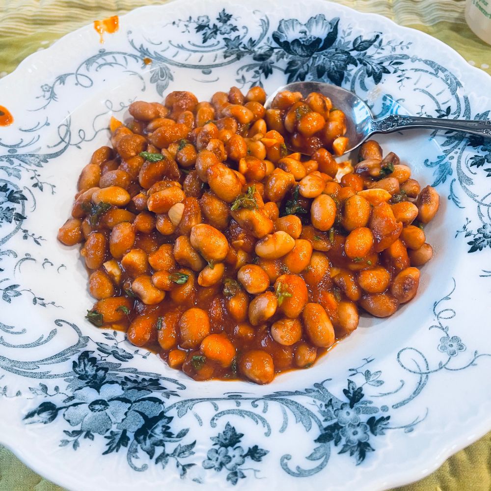 Beans in a red tomato sauce in a white soup plate with blue floral. 