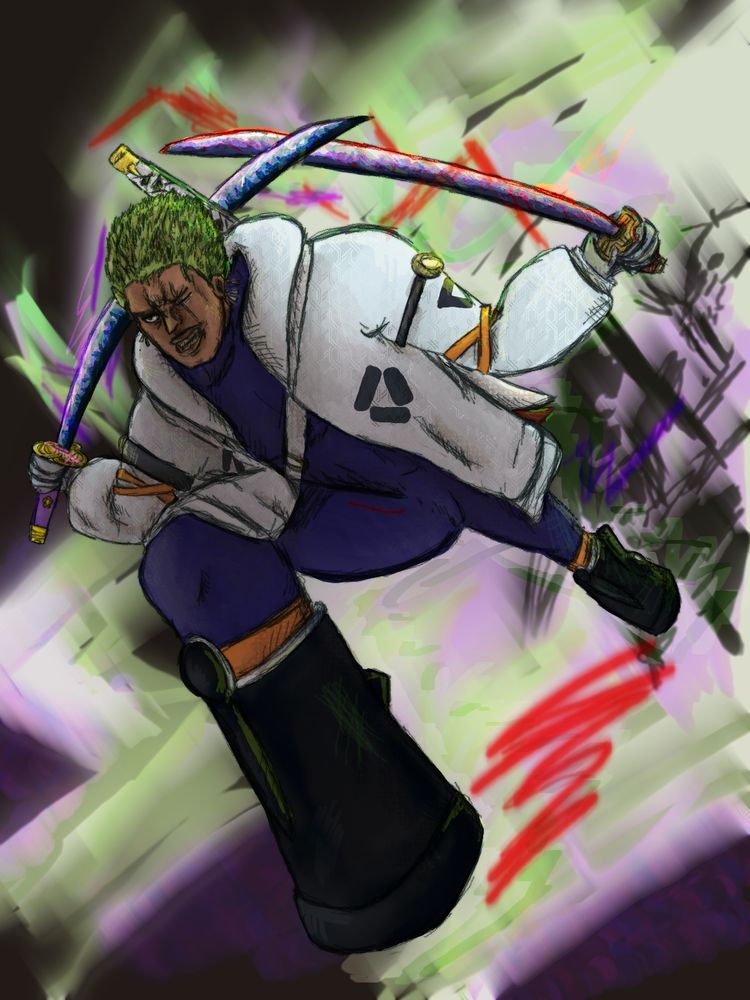 Portrait digital drawing of Zoro Roronoa in a purple and white variation of his egghead fit. The background consists of a blurry luminous attack caused by him with Enma and Sandai Kitetsu (held in his hands) with sillhouettes of cut enemies.