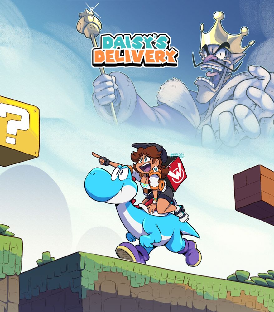 Princess Daisy is now out with her best friend ,Rokko the Light Blue Yoshi, on their delivery...
(long story short)
Waluigi tricked Daisy, and now Daisy's gotten clean up the mess.