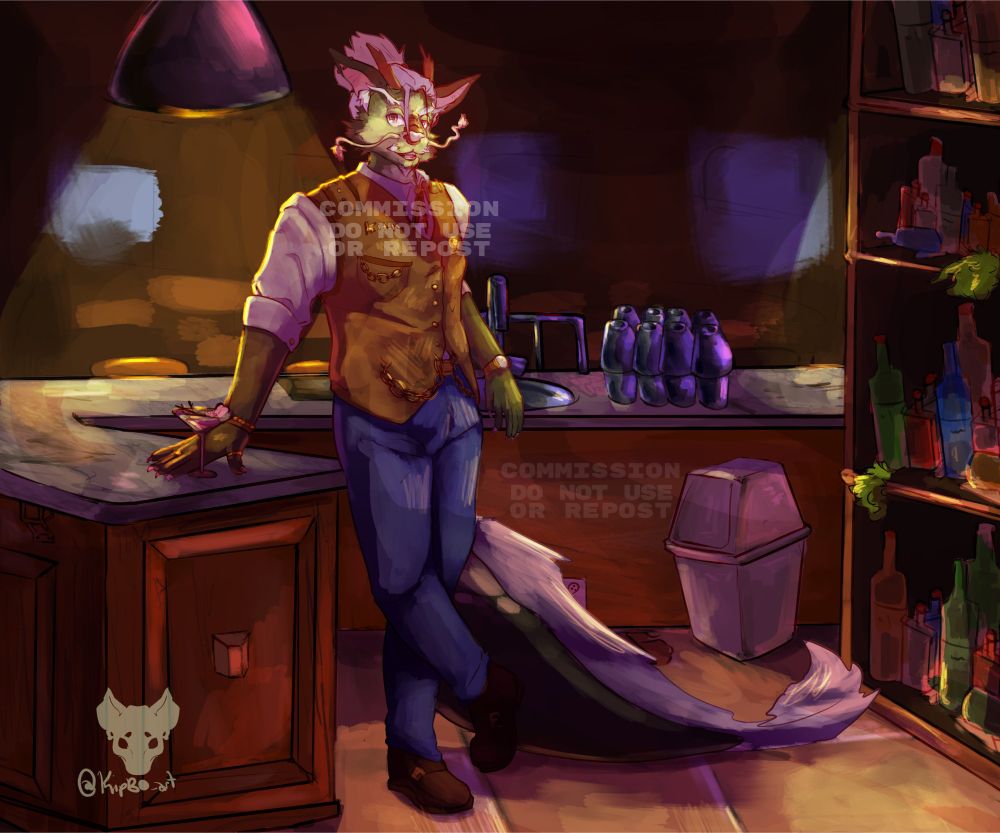 a formally dressed western dragon leaning on a bar counter. The environment is poorly lit, there is a shelf full of bottles on the right side and a background that represents the rest of the bar. The dragon is green and is the bartender. 