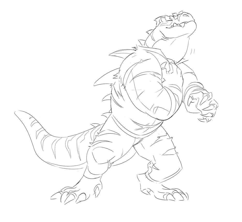 The burly devilsaur swallowing a large bulge and noticeably larger, his clothes shredding as he grows. 