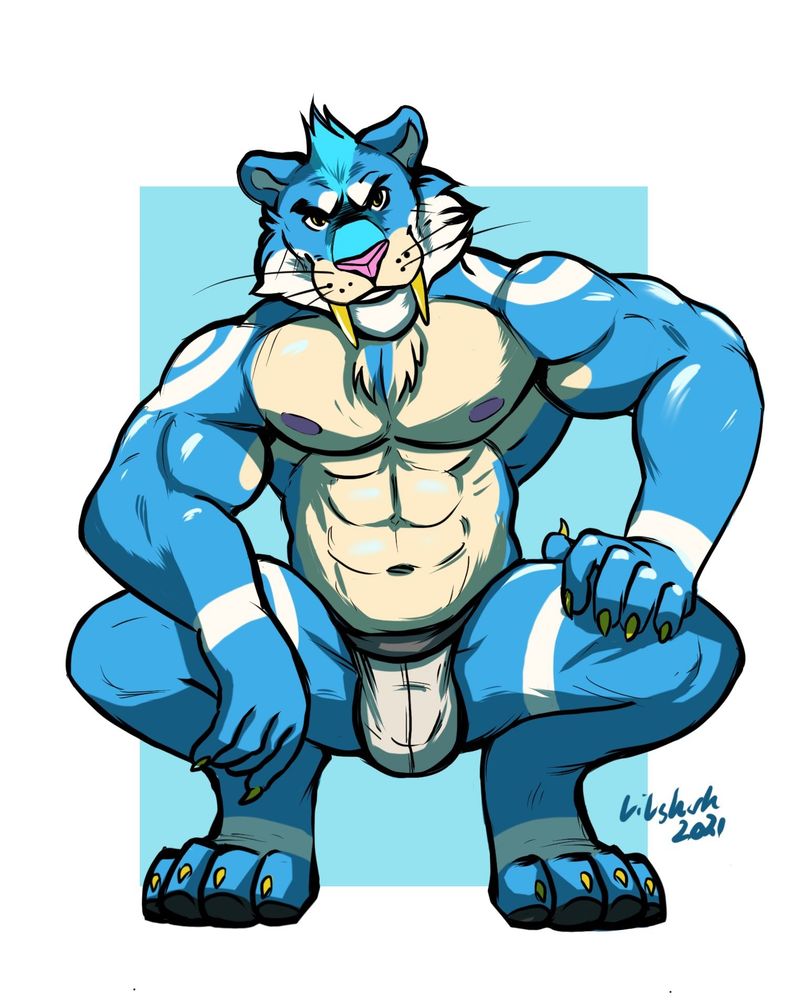 Large, muscular, blue anthropomorphic sabertooth tiger squatting and facing the viewer wearing only a white jock strap