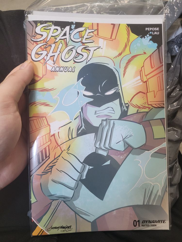 My copy of Space Ghost Annual #1

Variant cover by Anthony Marques 

Space Ghost, under attack, braces himself 